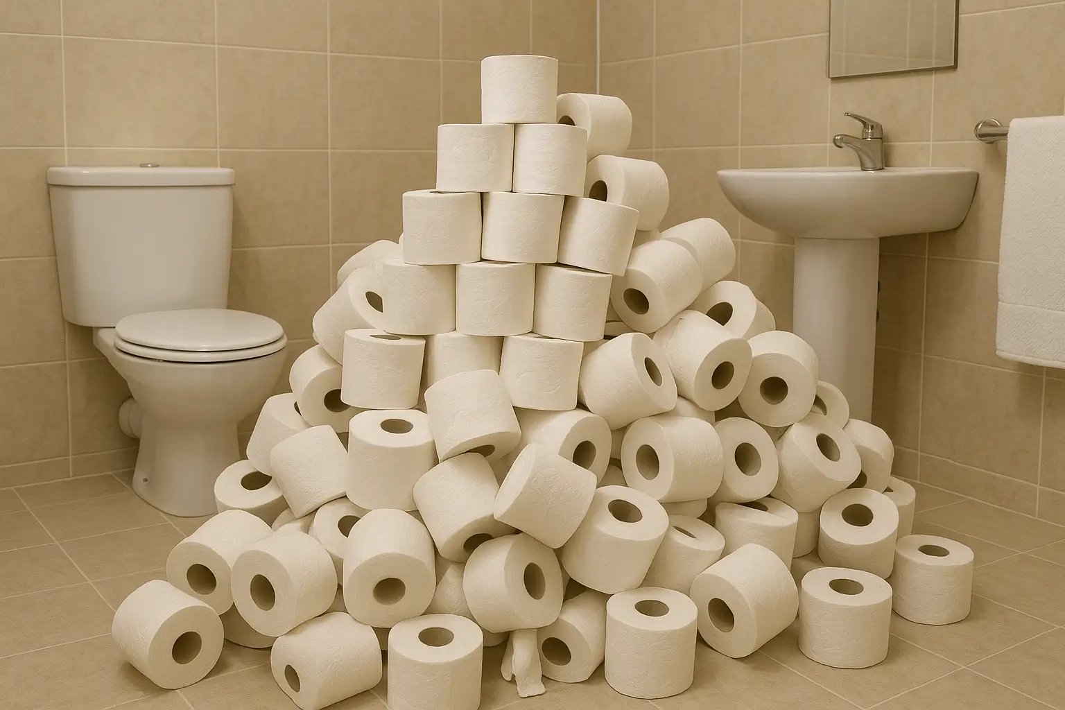 Large pile of toilet paper rolls and bathroom fixtures illustrating bulk toilet paper options