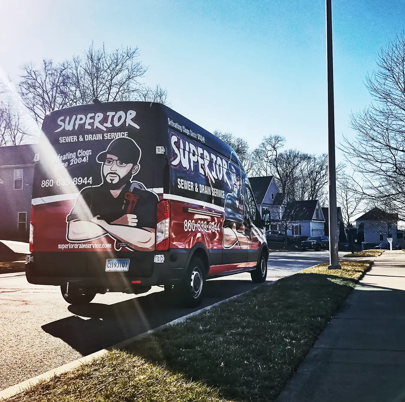 Superior Sewer & Drain Service van providing local plumbing services in Connecticut and Rhode Island.