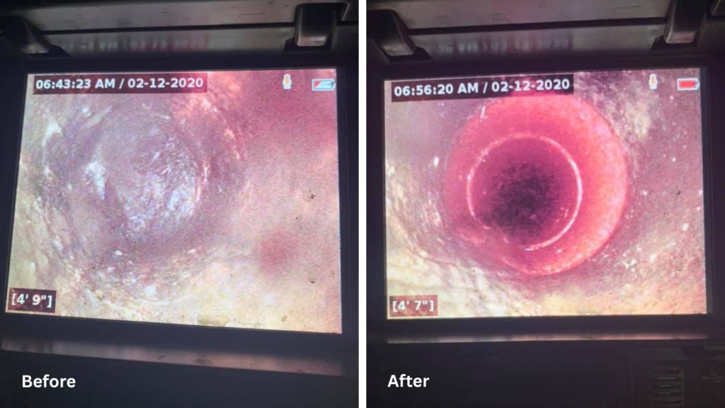Sewer pipe inspection before and after pipe milling clearing drain blockage.